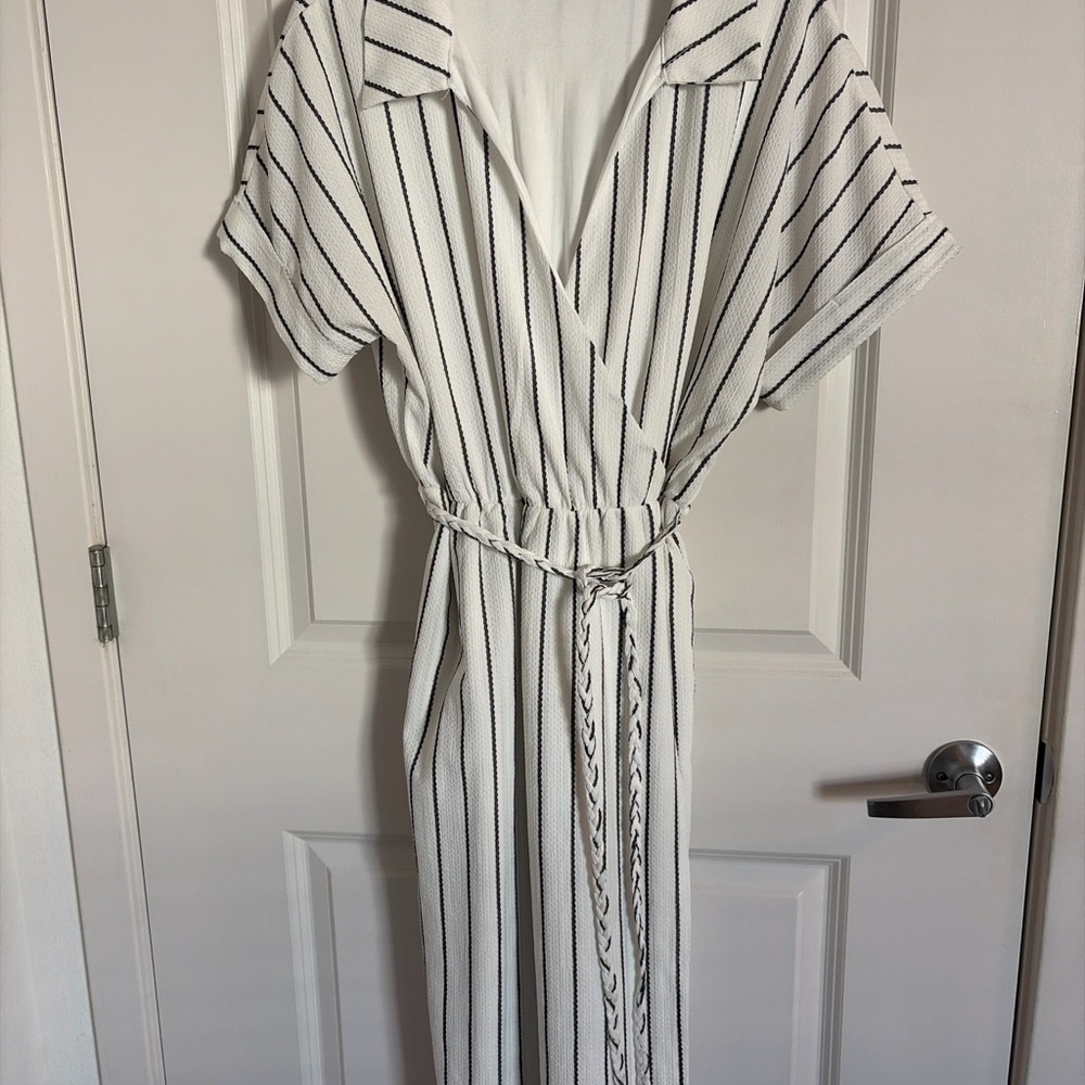 Adrienne Vittadini Striped Wrap Summer Dress White Black Belted Size L - Picture 2 of 7